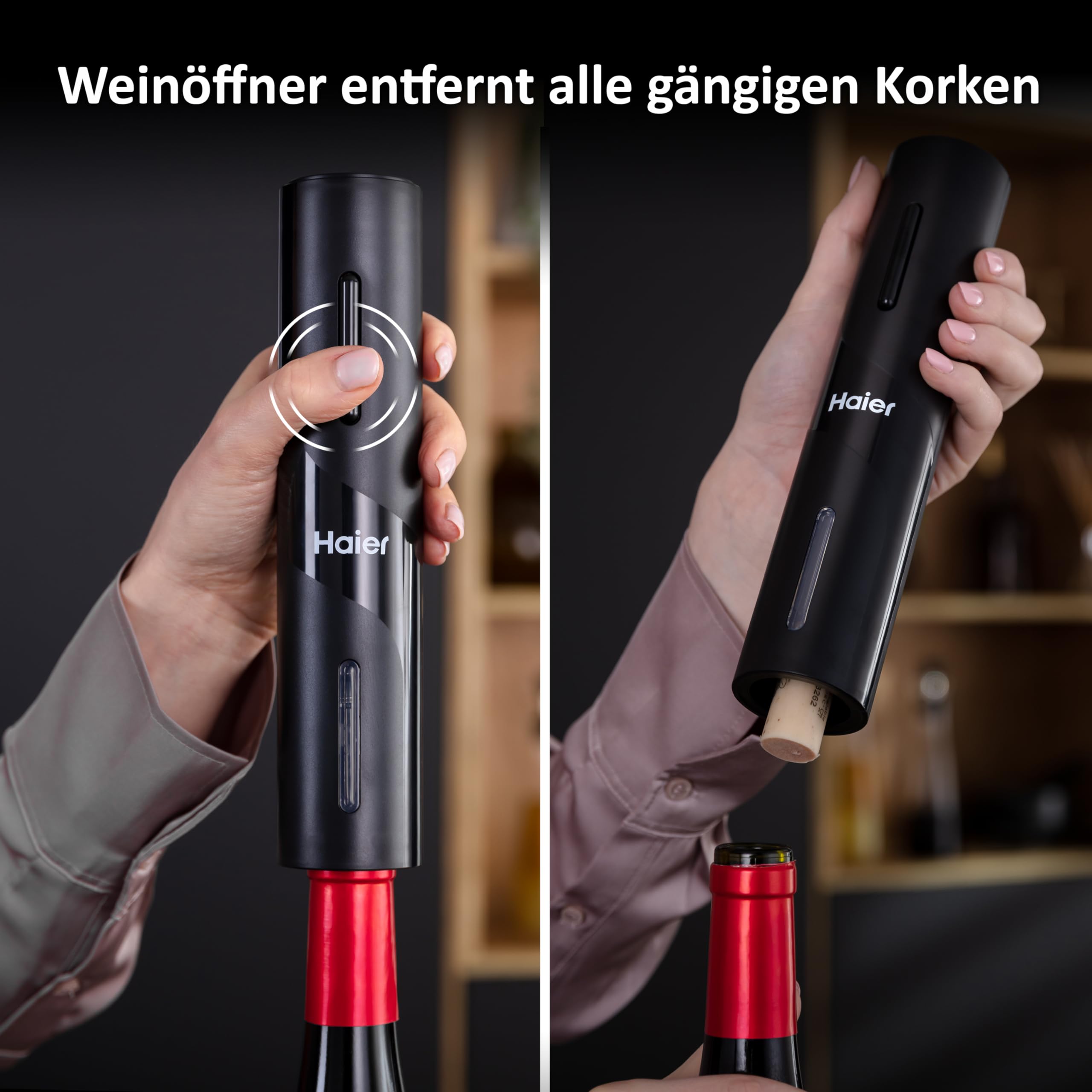 Haier Elektrischer Weinöffner Edelstahl I Korkenzieher Wein Set mit Dekantierausgießer, Vakuumverschluss, Folienschneider & Station I Automatischer Weinflaschenöffner I Edles Geschenk für Weinfreunde