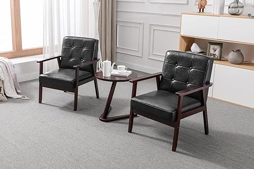 Miniatura 6 de Okeysen Silla decorativa moderna de mediados de siglo, silla auxiliar retro de madera y cuero, cómoda silla de lectura para sala de estar,