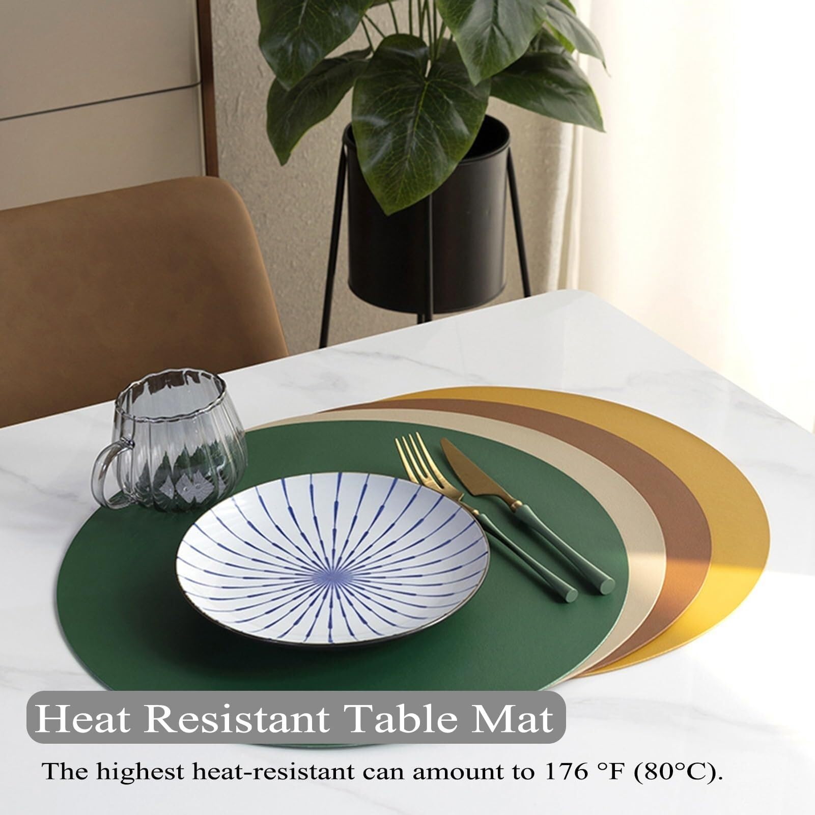 Lot de 6 sets de table ronds en similicuir pour tables de cuisine, table de salle à manger, décoration de cuisine - 38,1 cm - Lavables - Gris clair