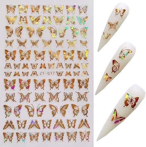 Miniatura 5 de Calcomanías de uñas de mariposa dorada 3D de lujo, diseños cortados con láser, hojas adhesivas para decoración de uñas (8 unidades)