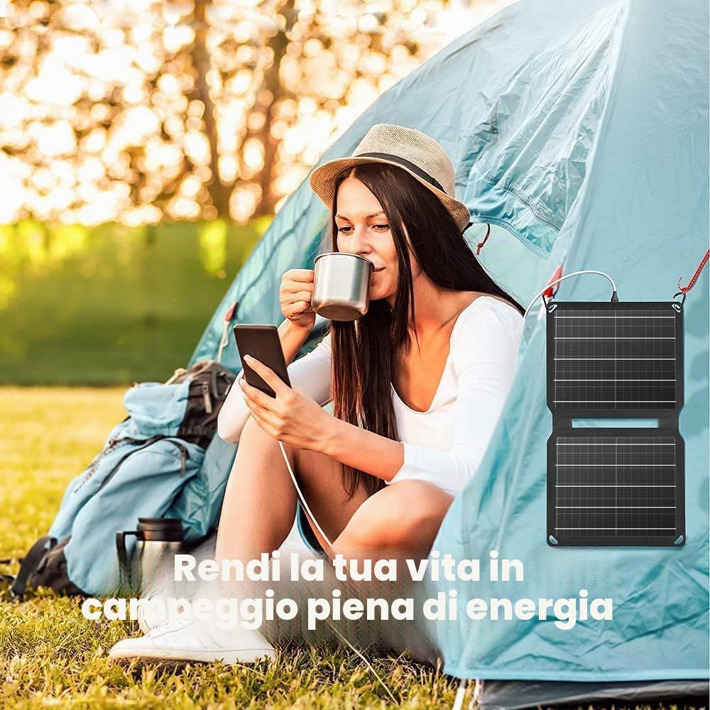 FlexSolar Caricatore portatile per pannello solare da 10 W (5,5 V/1,9 A max), pannello solare pieghevole impermeabile IP67 con porta USB compatibile con iPhone Xs/X/8/7, iPad, Samsung per campeggio