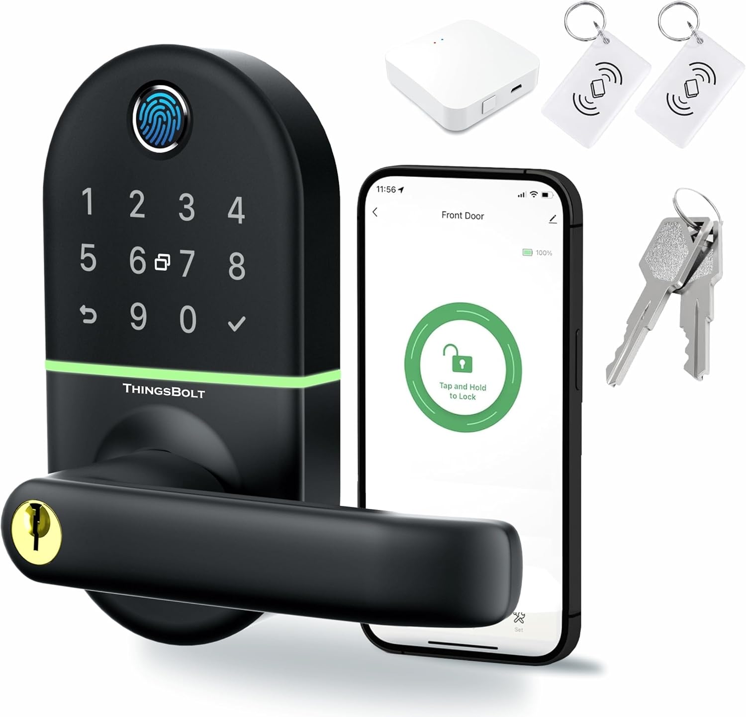 WiFi Smart Door Lock with Handle, THINGSBOLT Fingerprint Keyless Entry, Bluetooth & App Control, Alexa Compatible, Keypad & Key Access, Gateway Included (Black) WiFi Smart Door Lock with Handle, THINGSBOLT Fingerprint Keyless Entry, Bluetooth & App Control, Alexa Compatible, Keypad & Key Access, Gateway Included (Black)