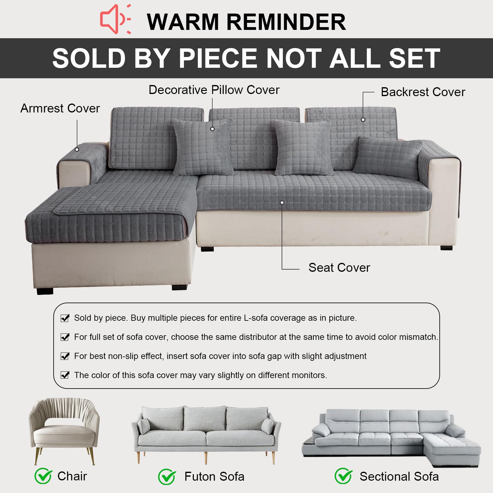 SHANNA Flanell Sofabezug 1 2 3 4 Sitzer Sofabezüge Couch Überzug L Form Ecksofa Sofa Couch Überwurfdecke, Sofahusse Sofaüberwürfe rutschfest Sofa Abdeckung (Dary Gray, 90 * 210cm Stückweise Verkauft) - 4