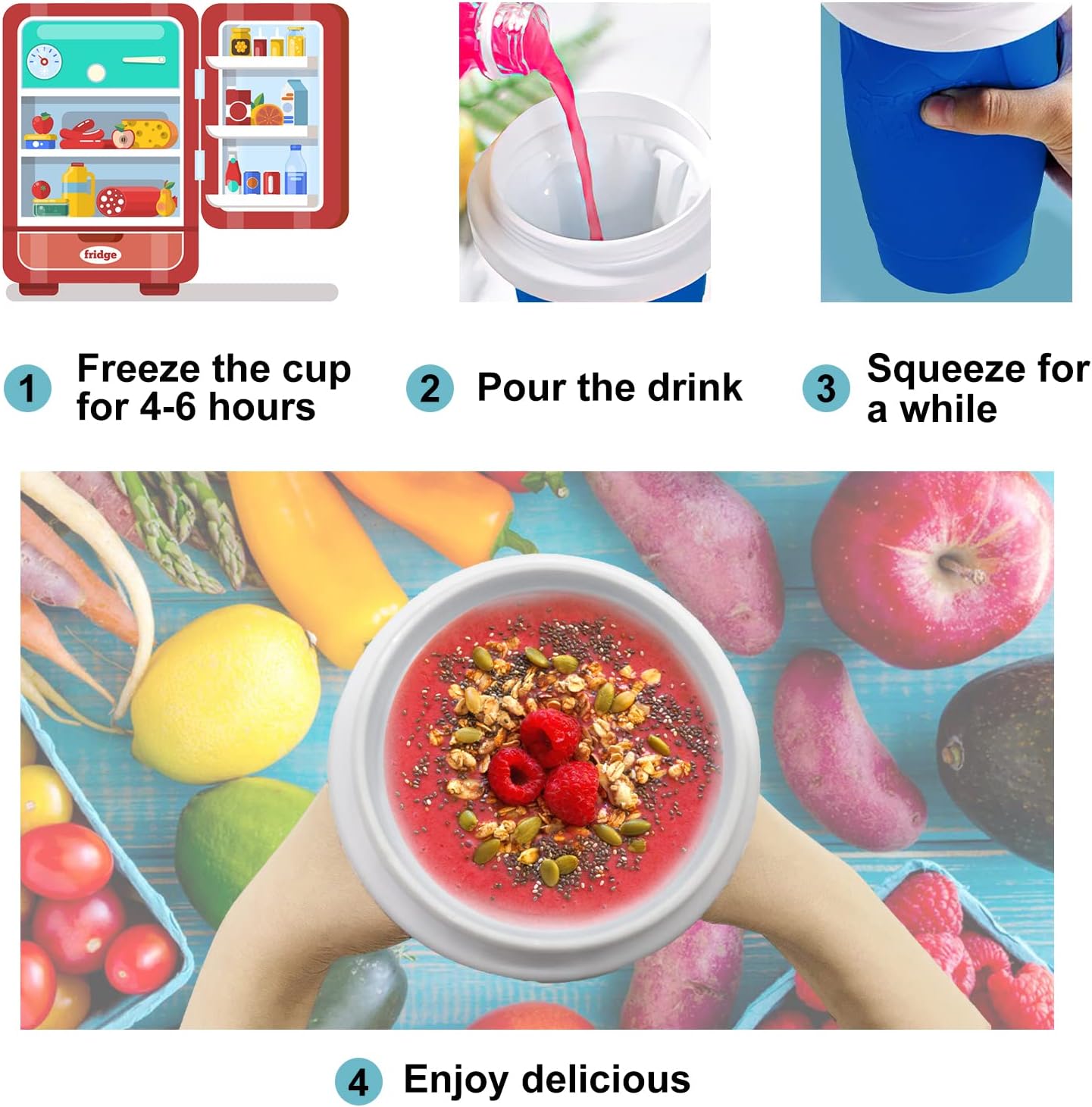 Slushie Maker Cup, Magic Quick Frozen Smoothies Cup Cooling Cup, Double Layer with Lid Squeeze Cup Slushy Maker, with a Cup Brush, Cartoon Stickers, Straw Brush, for Everyone