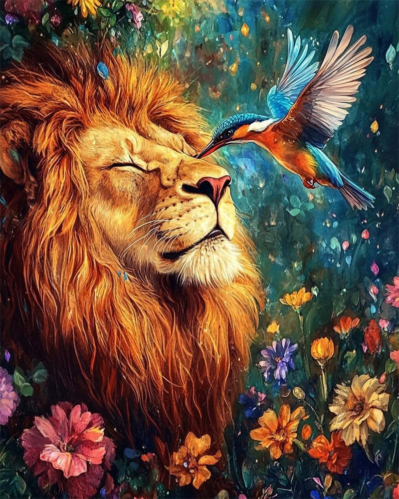 Henypt Cross Stitch Kits 11Ct Stamped Patterns Lion and A Kingfisher for Adults DIY Preprinted Embroidery Kit for Beginner