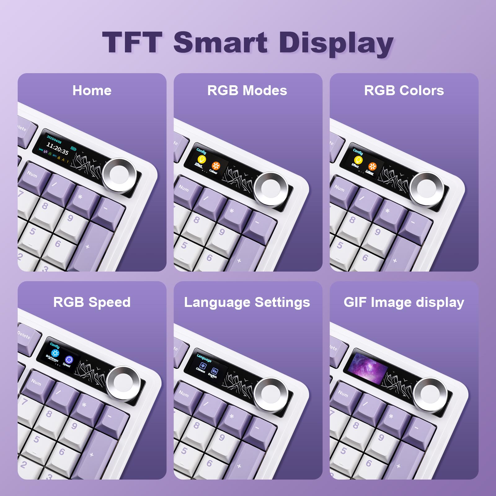 AJAZZ AK980 - Tastiera meccanica con display e manopola intelligenti, tastiera wireless al 98%, Tri-Mode BT/2.4G/USB-C, hot swap, tasti in PBT, con luce RGB per Win e Mac (viola, interruttore