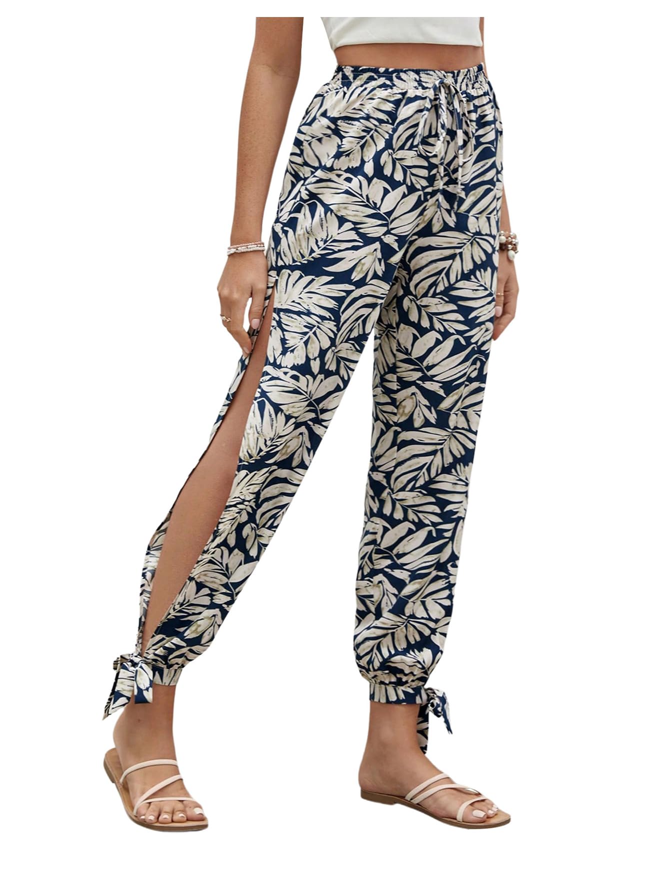 Floerns Womens Boho Elastic High Waist Split Pants Knot Vacation Beach Trousers