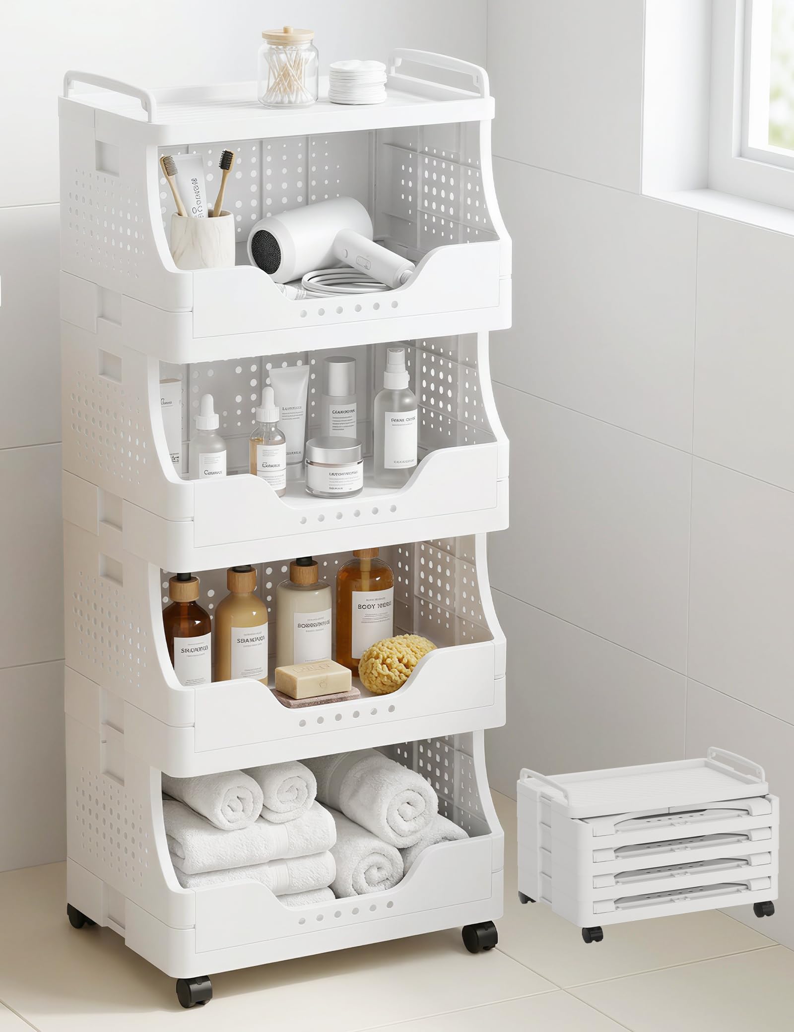 DEANIC Chariot de Rangement Pliable à roulettes, 4 Niveaux, desserte Mobile avec Plateau supérieur, Chariot de Salle de Bain avec poignées, pour Cuisine, buanderie, Rangement Maison (Blanc)