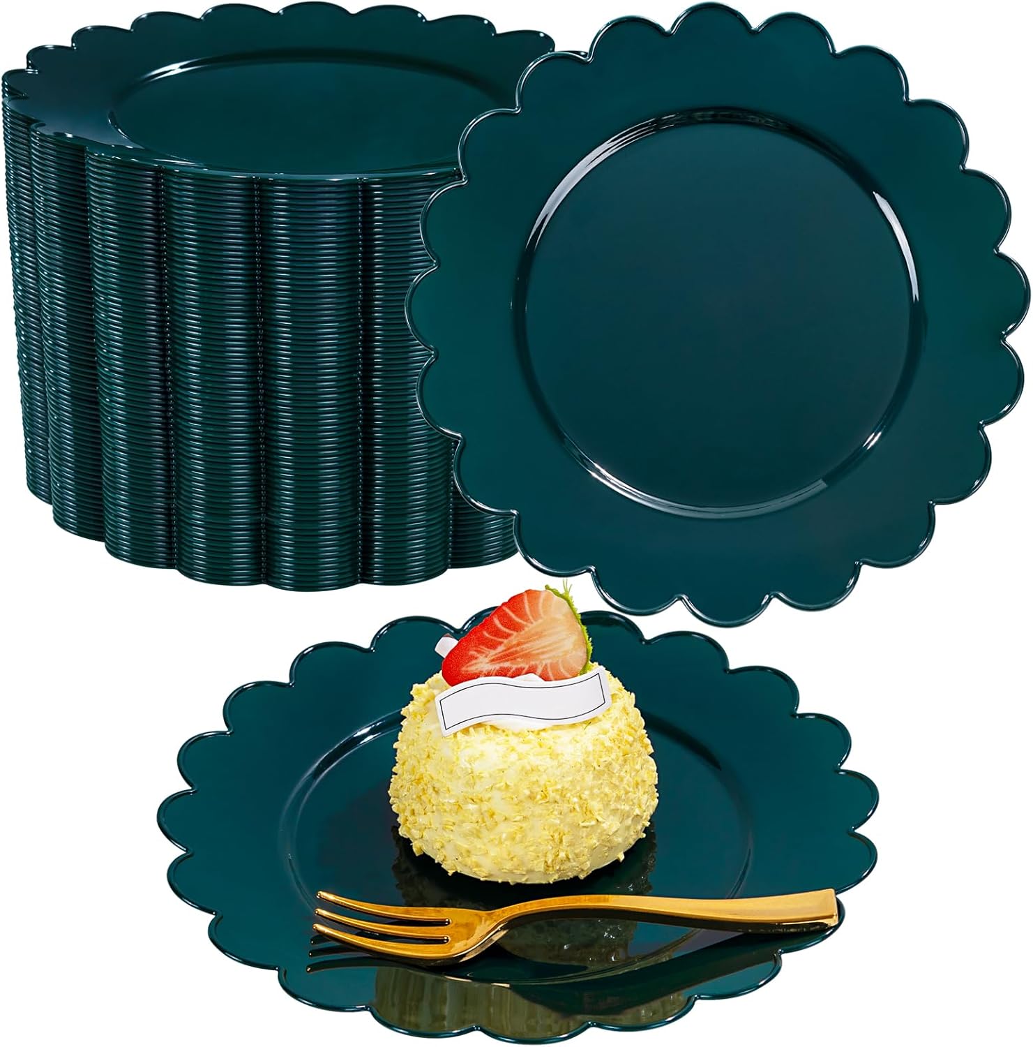 LIYH 200 Pcs Drak Green Christmas Plastic Plates - Disposable Dessert Plates with Gold Forks, Gold Cake Forks 5", Plastic Cake Plate 7.5" for Christmas Holiday Party Table Decoration