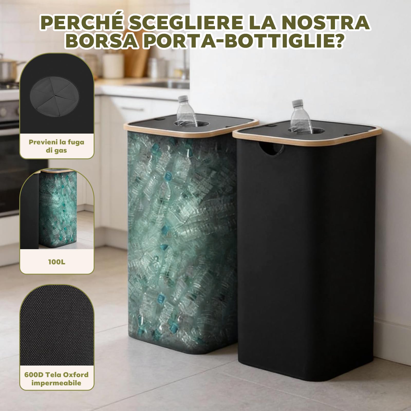 BAM BOO BOX Contenitore raccolta differenziata 100L con 2 borse – Bidoni differenziata da interno per immondizia e bottiglie vuote – Cestini raccolta differenziata cucina (Nero