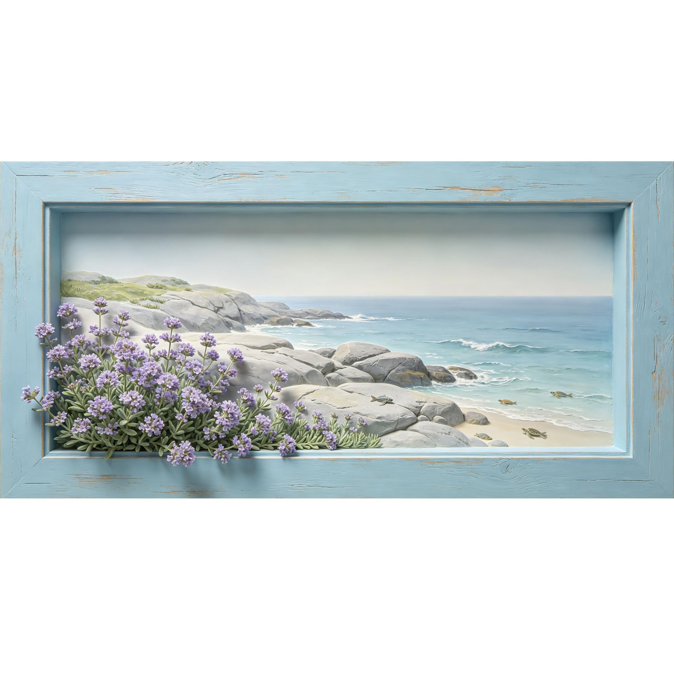 Agglomerix 3D Framed Wall Art Coastal Seascape Botanical Lavender Ocean Rocky Beach Turtle Relief Large Size Self-Adhesive Removable Wall Decor Prints Artwork for Living Room Bedroom Office