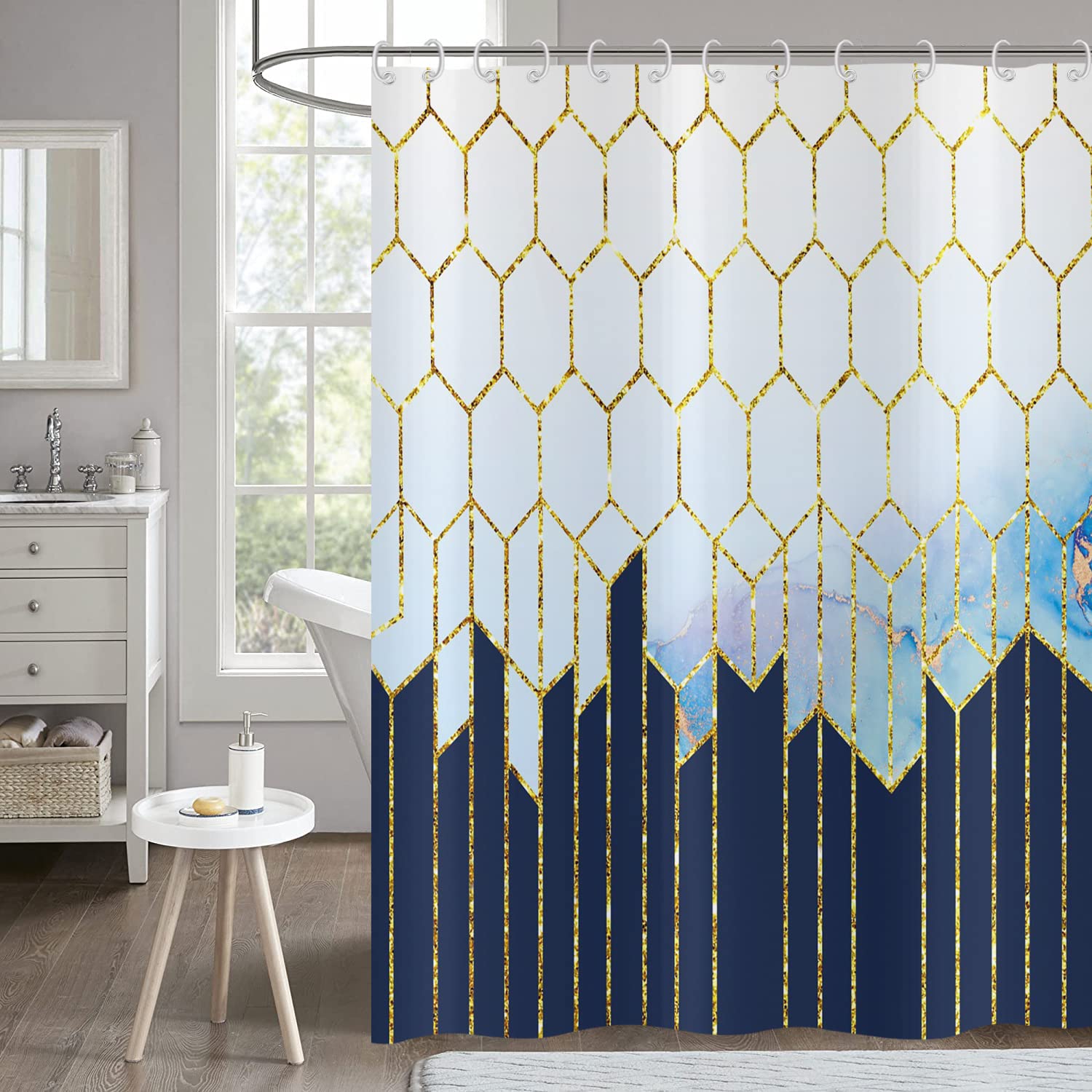 Blue and White Shower Curtain 120x200, Hnmdmyi Navy Blue Gold Marble Shower Curtains Abstract Modern Luxury Geometric Art Bathroom Curtains Waterproof Polyester Fabric Washable Bath Curtain with Hooks
