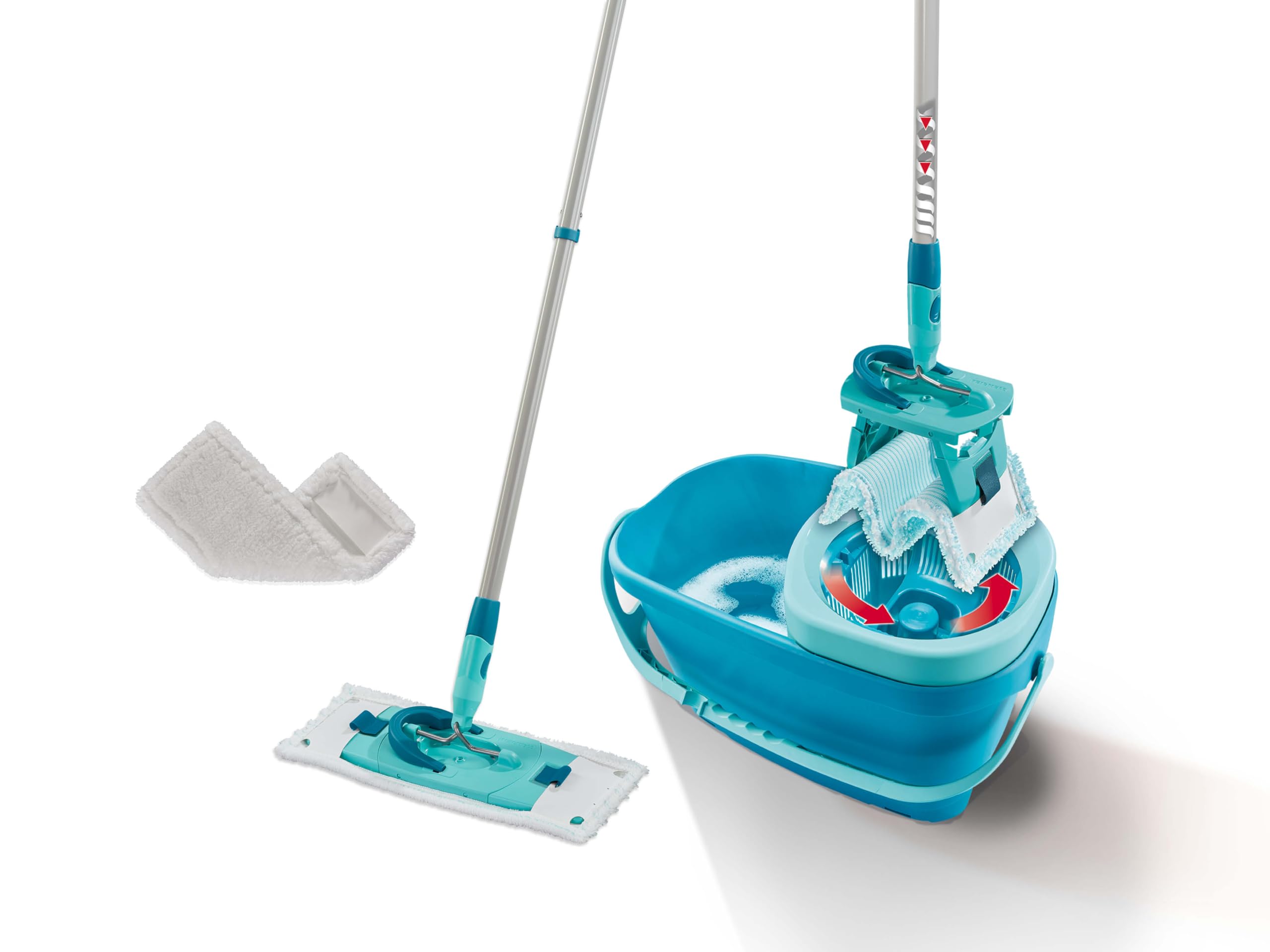 Leifheit Clean Twist M Ergo Mop and Bucket and SUPERDUSTER Wiper Cover Set, Faster cleaning Spin mop, Easy-steer Micro Fibre head with 360° joint, Twist Mop Dusting Mop Head, 33 cm wide, Turquoise