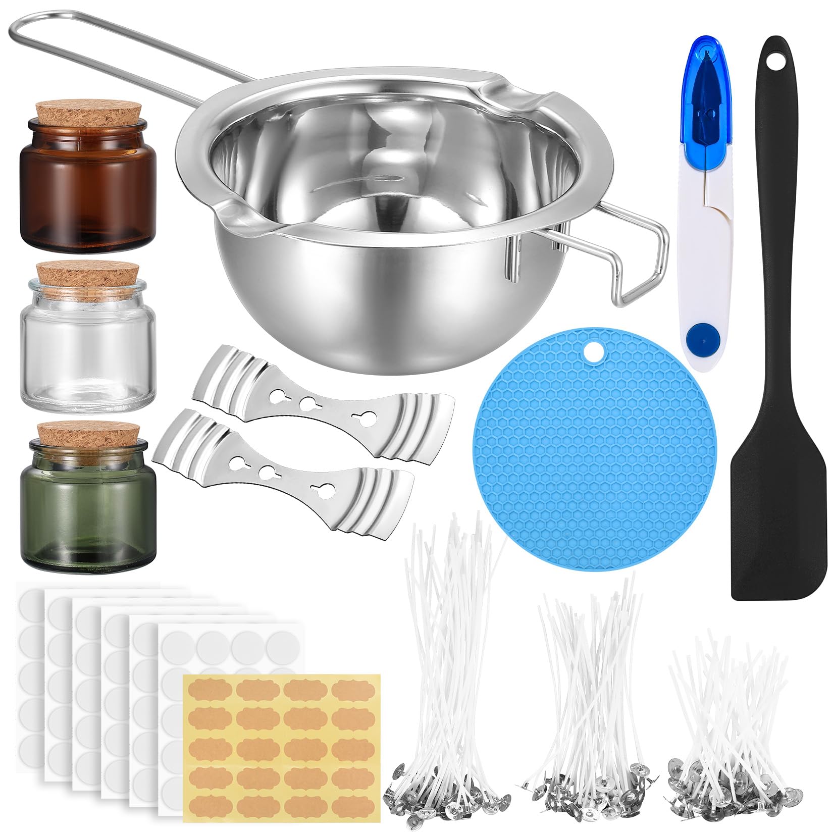 NPFVKSA Candle Making Kit,480ml Candle Making Wax Melted Pot,120 Candle Wicks,3 Sets of Wax Pots, 120 Candle Wick Stickers，Candle Making Kits for Adults
