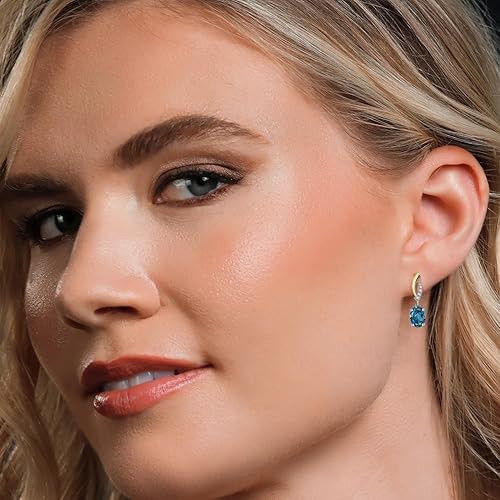 Miniatura 4 de Gem Stone King Aretes colgantes ovalados de plata 925 y oro amarillo de 10 quilates de 0.315 x 0.236 in con piedra natal y diamantes cultivados en