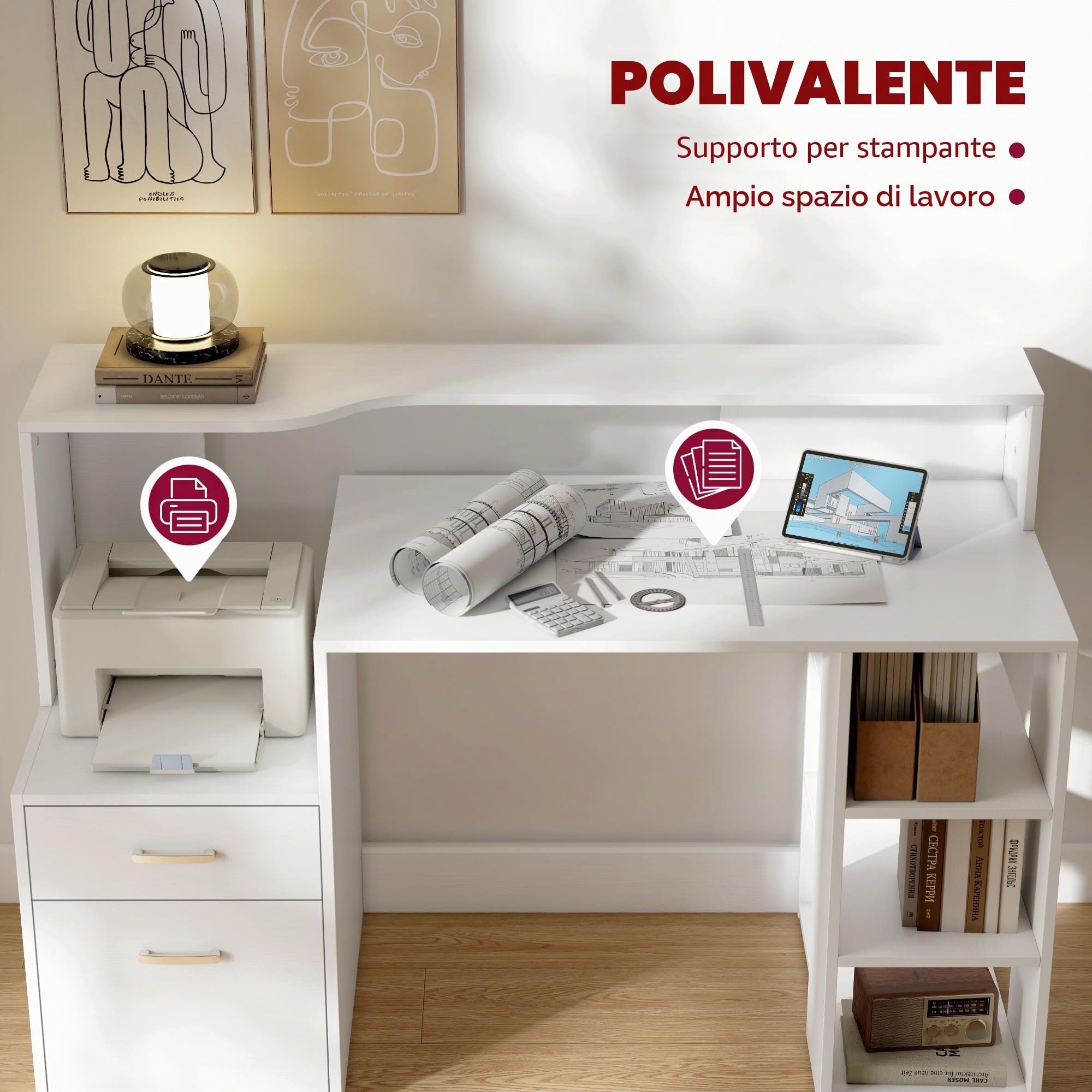 HOMCOM Scrivania per computer con 2 cassetti, 137 x 55 x 92 cm, colore: Bianco