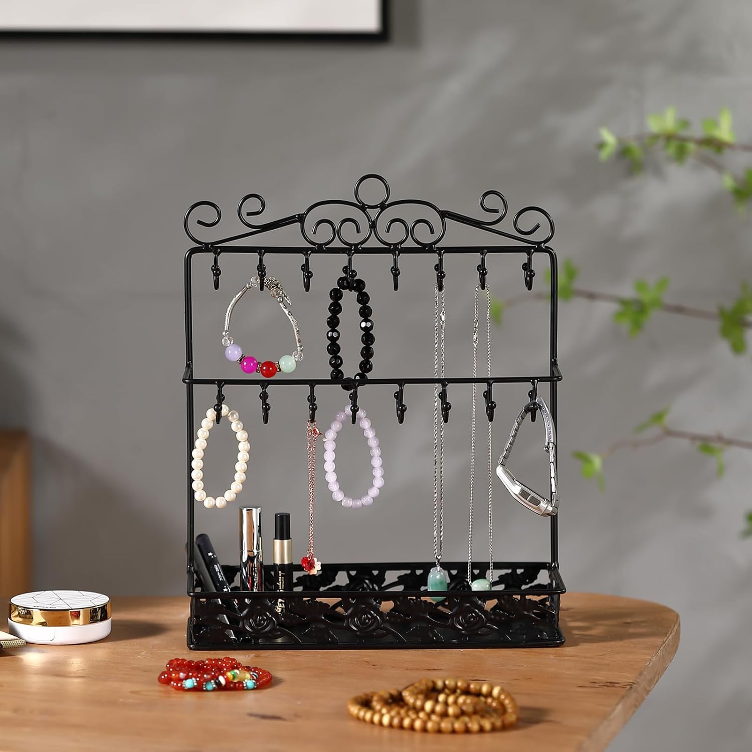 Black Metal Jewelry Holder Organizer Stand Necklace Holder Stand with 32 Hooks and Tray for Woman
