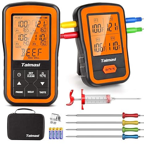 Review Wireless Digital Meat Thermometer with 4 Probes & Meat Injector, Upgraded 500FT Remote Range Cooking Food Thermometer for Grilling & BBQ & Oven & Kitchen