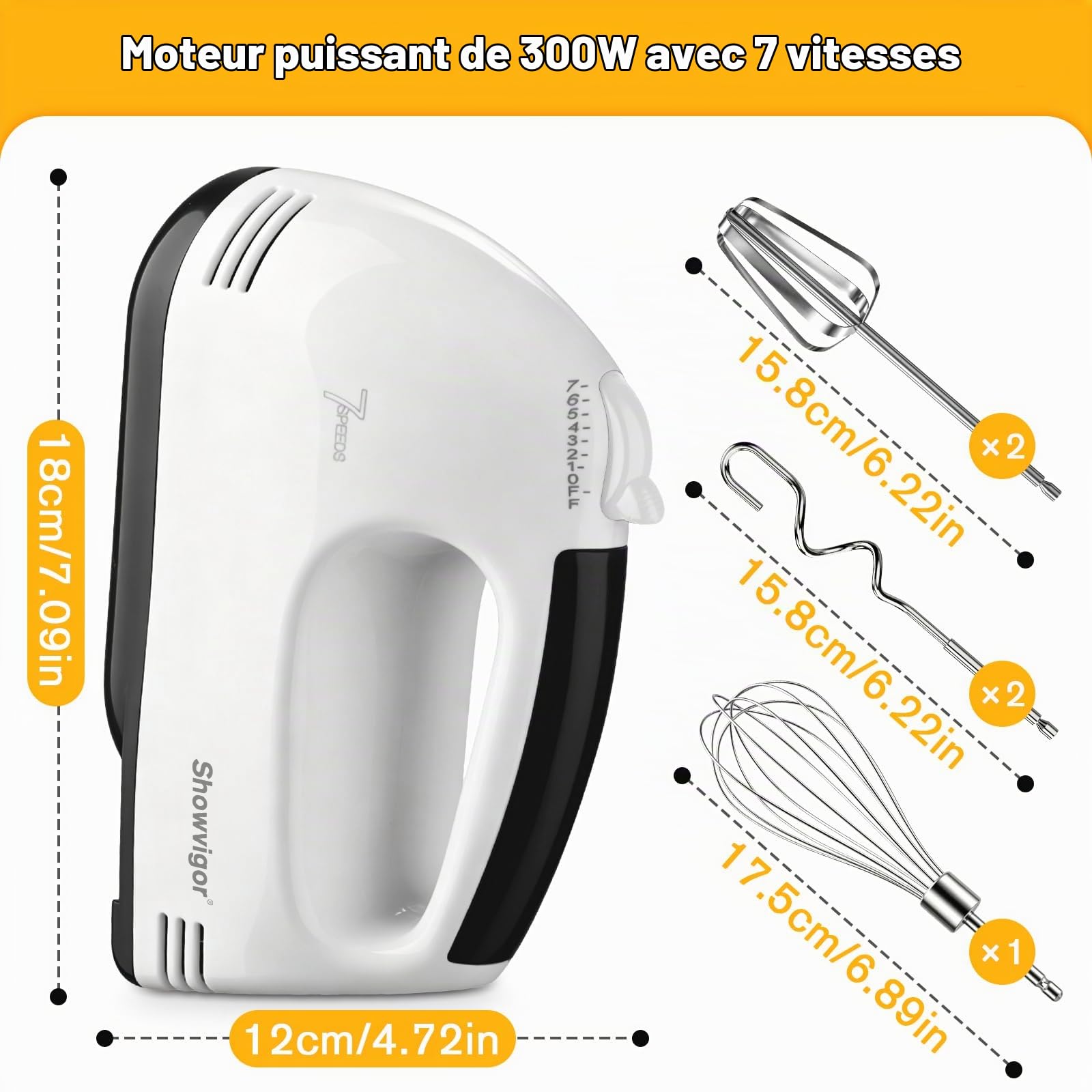 Batteur Electrique Cuisine 300W, 7 Vitesses Réglables | Fouet Electrique Portable avec 1 Fouet 2 Batteurs et 2 Crochets en Acier Inoxydable, Idéal pour Gâteaux Confitures et Crème
