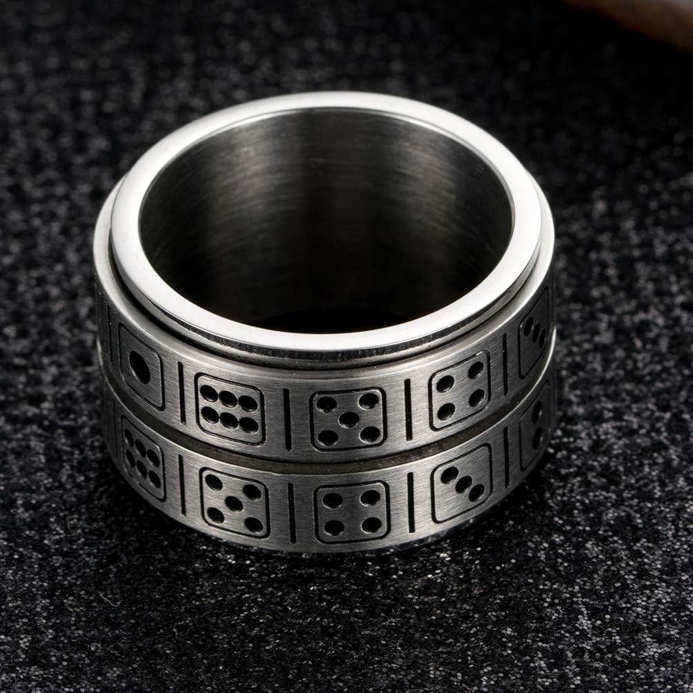 Men's Stainless Steel 14mm Wide Spinner Ring Band Creative Dice Pattern Design Double Layers