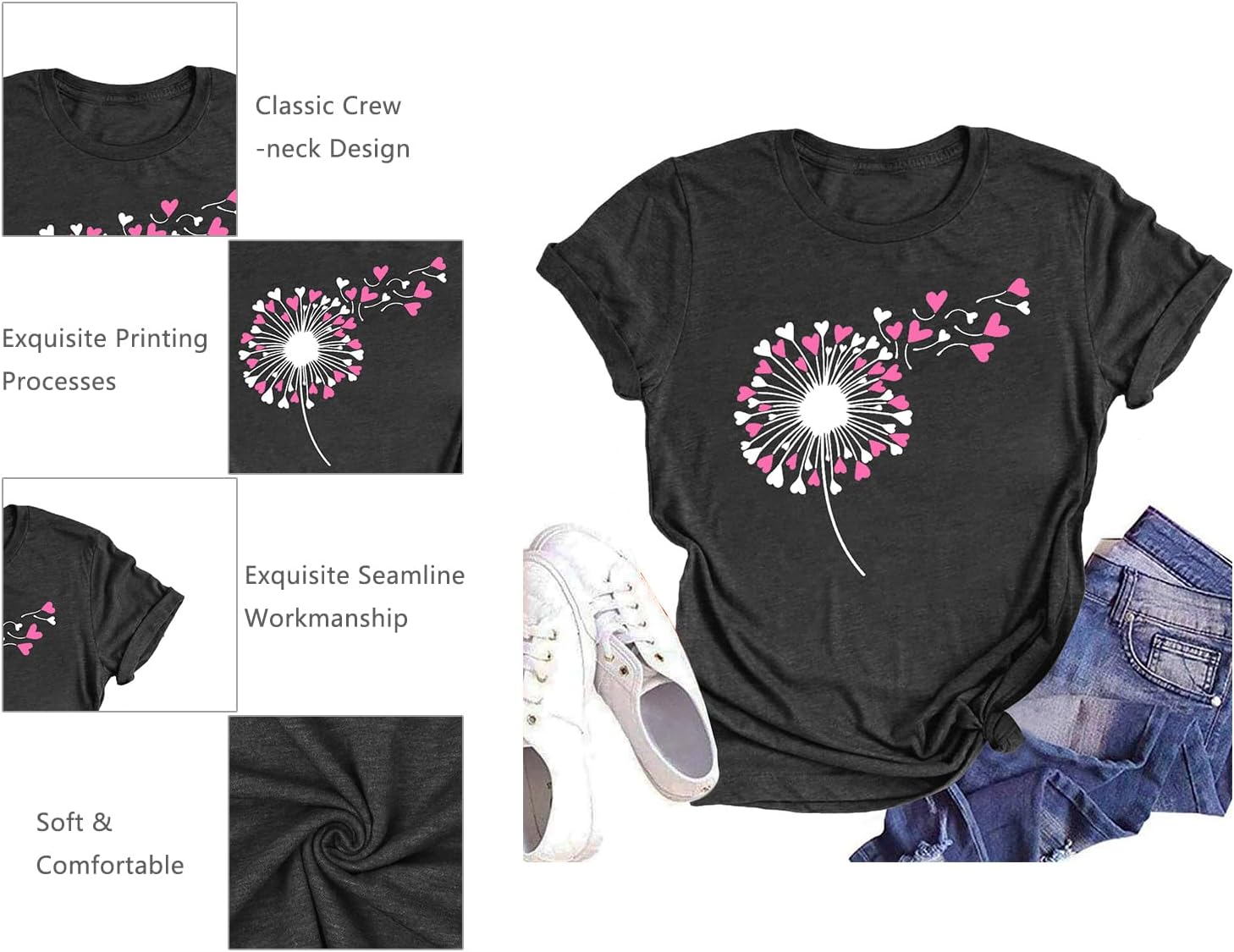 LHBNK Valentines Shirts for Womens Dandelion Tops Funny Love Heart Printed Tees Casual Valentine Gifts Clothes - Image 5