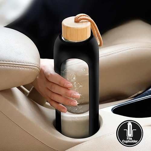 Miniatura 7 de Botellas de agua de vidrio de 32 onzas Botella de agua motivacional de vidrio para beber con funda de silicona, popote y 2 tapas de bambú, vaso de