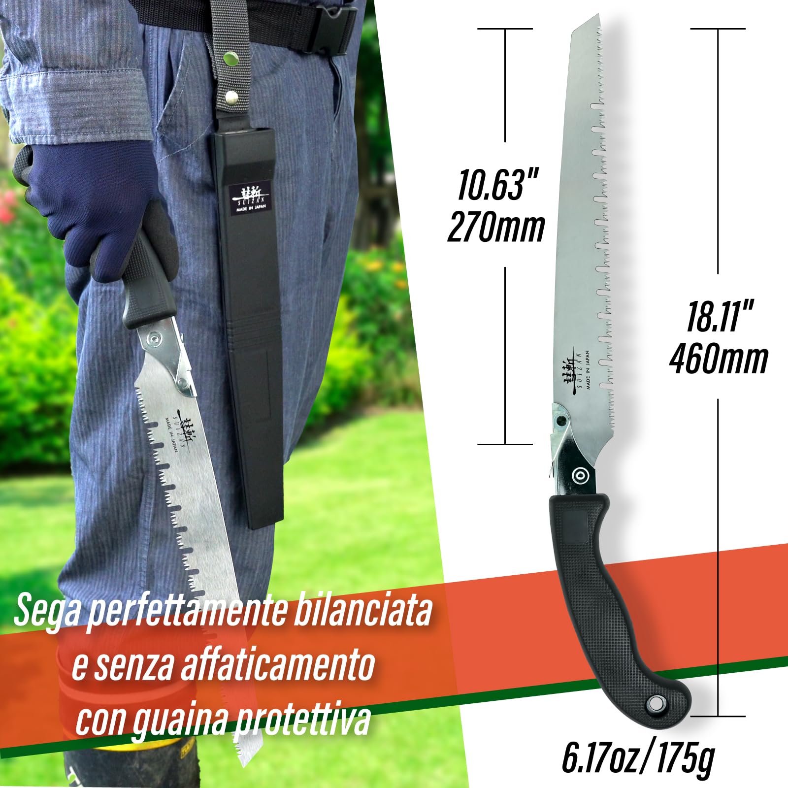 SUIZAN Segaccio per Potatura 270mm con Lama a Gola - Sega Manuale Professionale Giapponese per Alberi Attrezzi da Giardinaggio