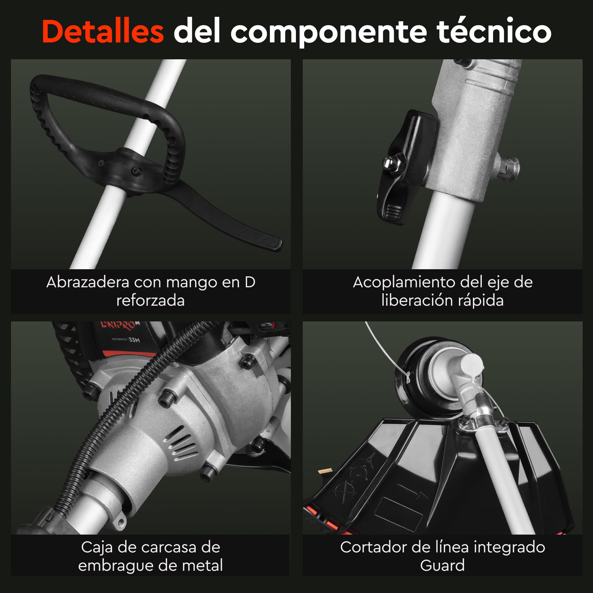 Desbrozadora de Gasolina, 32,6 CC, 1 kW (1,5 HP), Hilo 430 mm, Disco de Acero 255 mm, 7,1 kg, Arnés Mochila, Empuñadura Tipo D y Easy Start - 33M