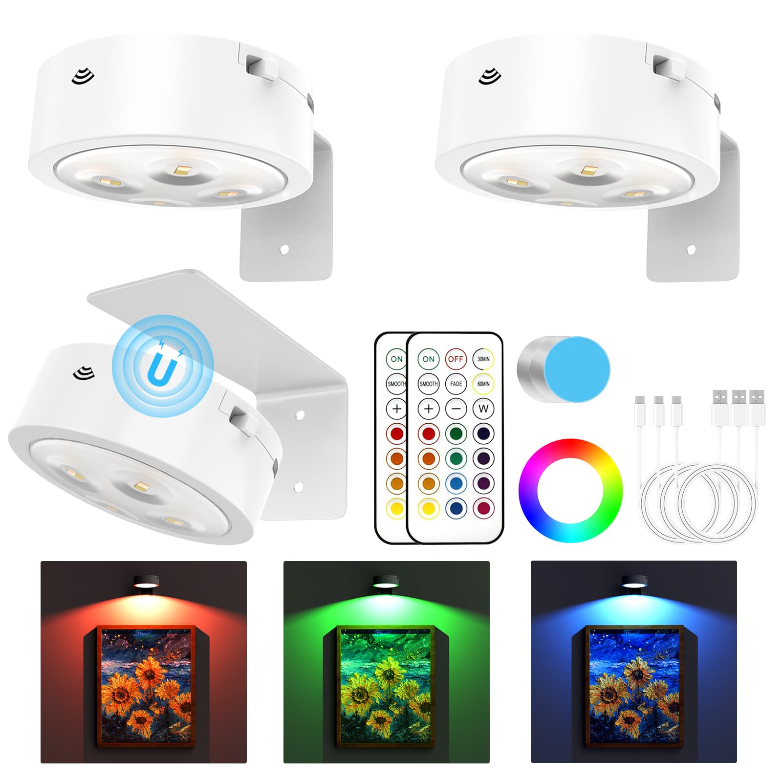 Bilderleuchten für die Wand, 13 RGB-Farben, wiederaufladbar, batteriebetrieben, Bilderrahmen-Lichter mit 3 Beleuchtungsmodi, kabellos, magnetisch, Mallicht mit Fernbedienung, Timer, Weiß, 3 Stück