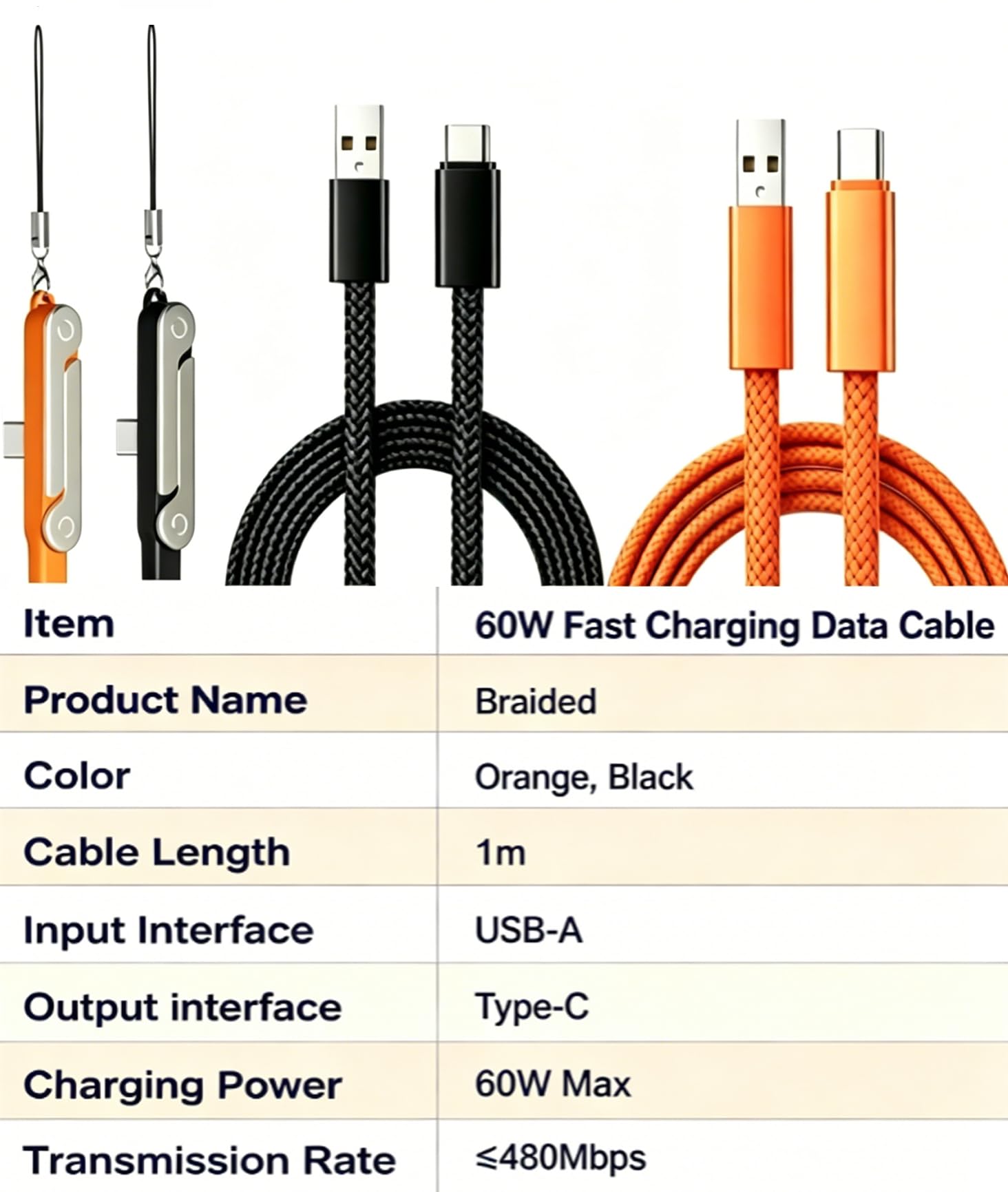Cavo di ricarica rapida da USB A a tipo C da 60 W con supporto pieghevole per telefono, cavo di ricarica in nylon intrecciato da 1 m, 480 Mbps, sincronizzazione dati USB-C cavo di ricarica per