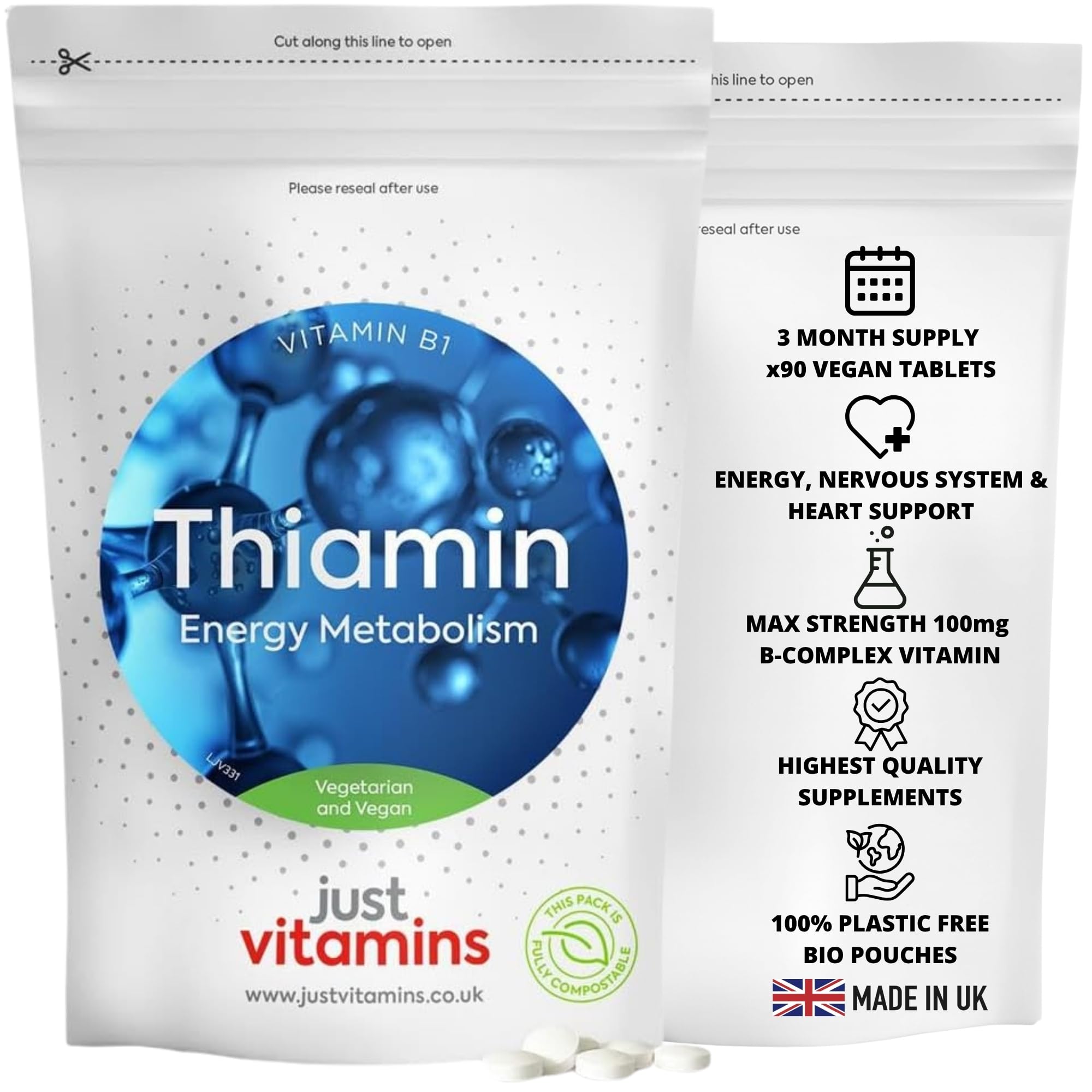 Thiamin (Vitamin B1) 100mg | 90 Tablets | Energy, Nervous System & Heart Support | High Strength B-Complex Vitamin | Vegan Friendly | UK Made - Just Vitamins