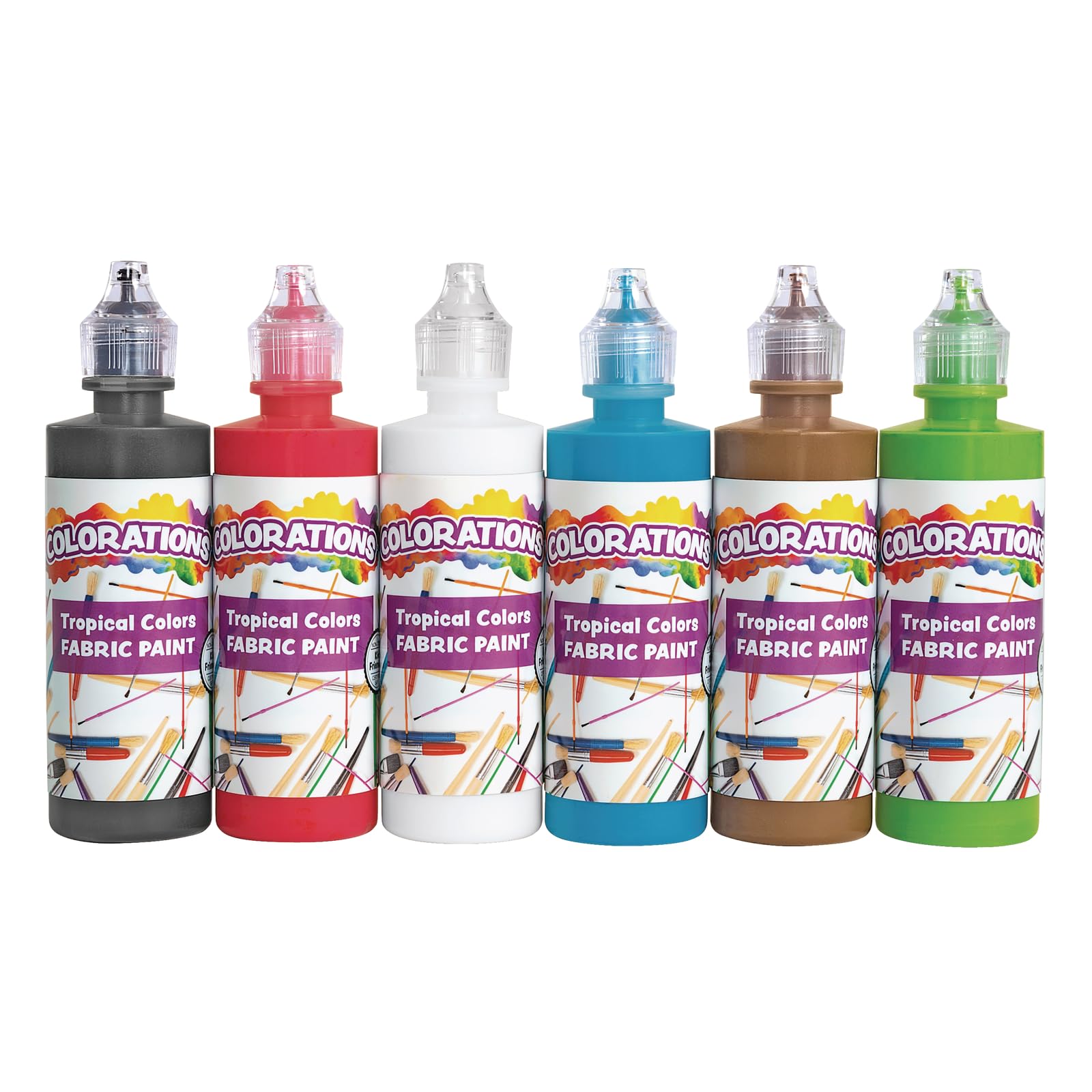 Colorations(r) Fabric Paint Set, 4oz Bottles, 6 Tropical Colors, Fabric Paint is Permanent & Remains On The Fabric, Creamy & Easy to Apply to Cotton, Cotton blends, Polyester, Canvas & more,No Cracking!