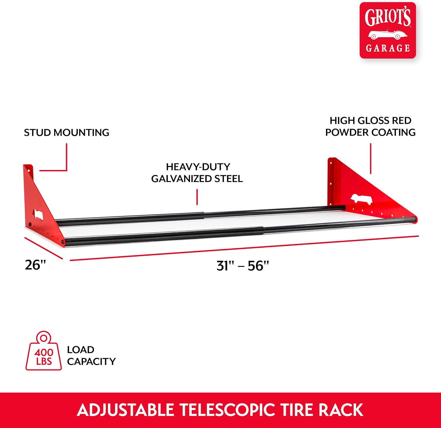 Griot's Garage Tire Storage Rack, Durable, Heavy-Duty Steel Car Wheel Holder, Telescopic, Adjustable, 400 lbs Weight Capacity