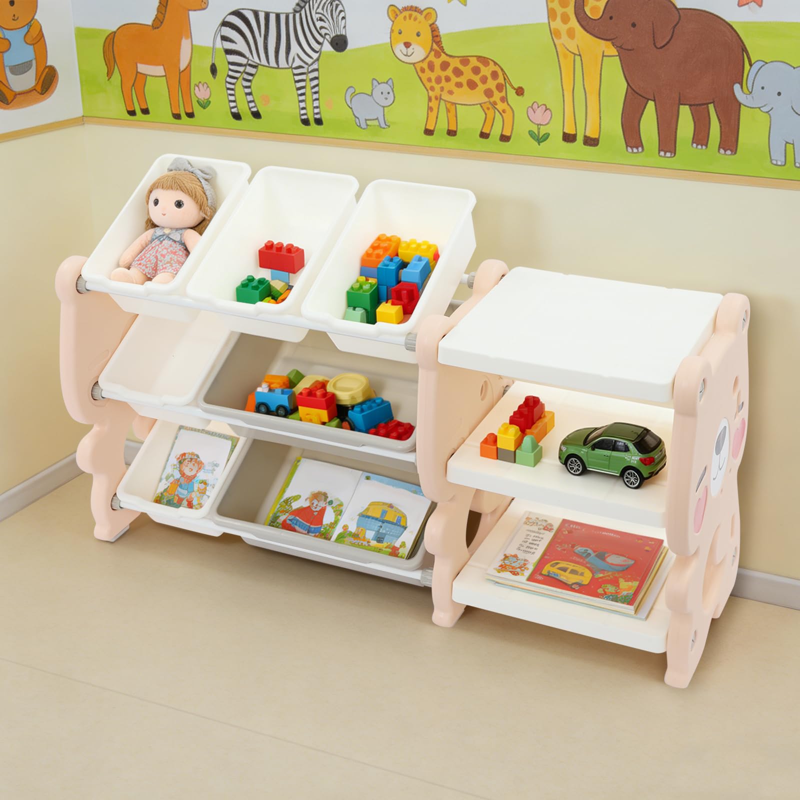 Spielzeug-Organizer mit 3 Regalen & 7 Behältern, Kinder Spielzeugregal für Schlafzimmer & Kinderzimmer, Aufbewahrungsset für Bücher, Spielzeug & Zubehör (Rosa)