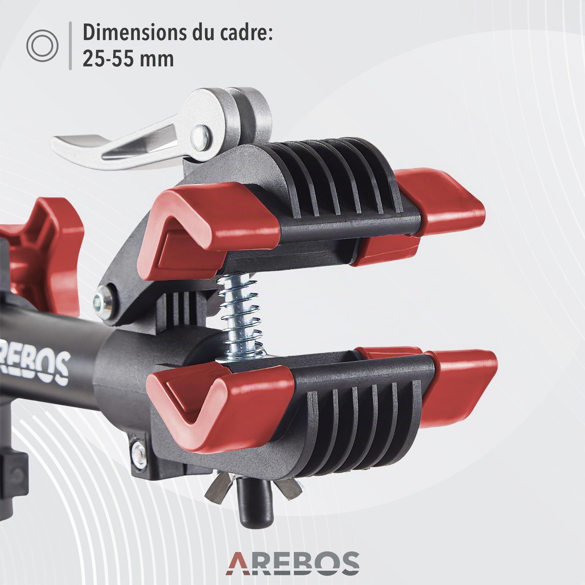 AREBOS Support de Montage Professionnel pour Vélo | Pour VTT et Vélo Électrique | Rotatif 360° avec Dispositifs de Libération Rapide | Support Charges Lourdes + Sac | Noir/Rouge