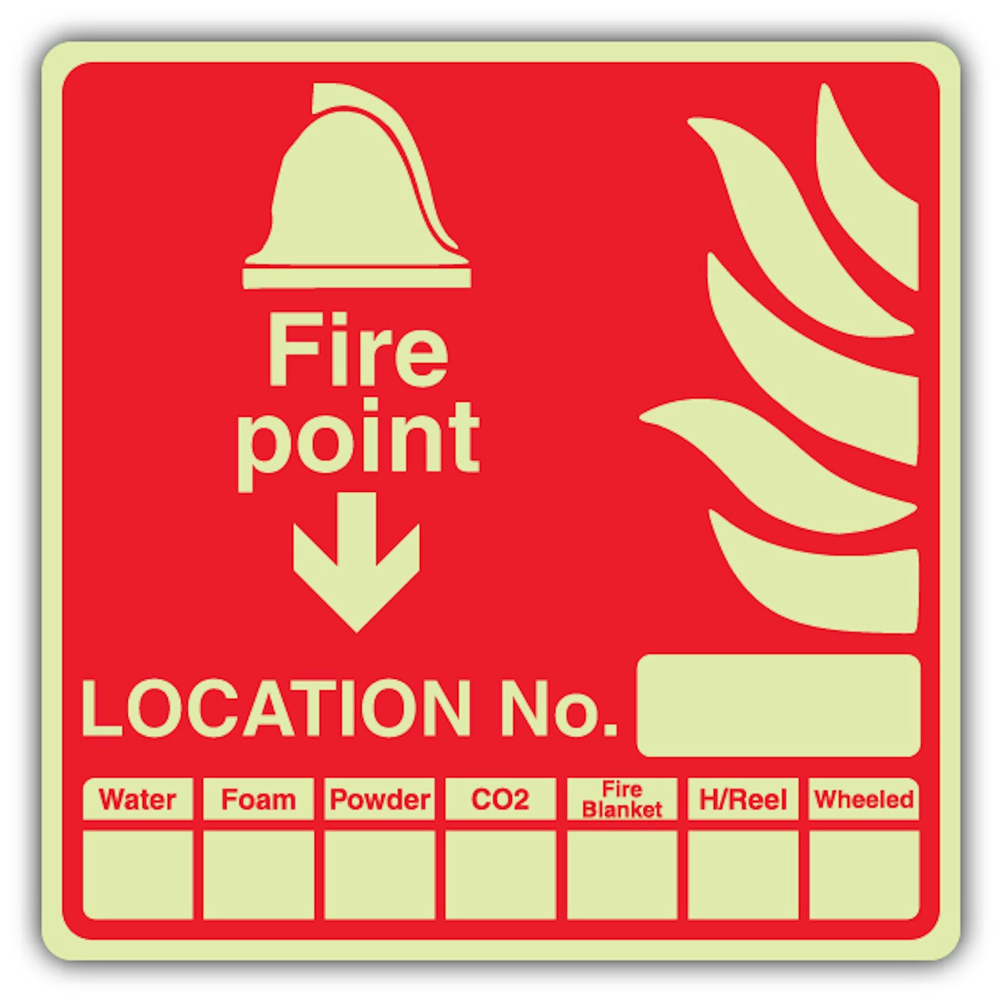 V Safety - Señal de número de punto de fuego que brilla en la oscuridad, 450 x 450 mm, hecha de vinilo autoadhesivo de triple brillo, señalización de seguridad contra incendios, fabricado en Gran