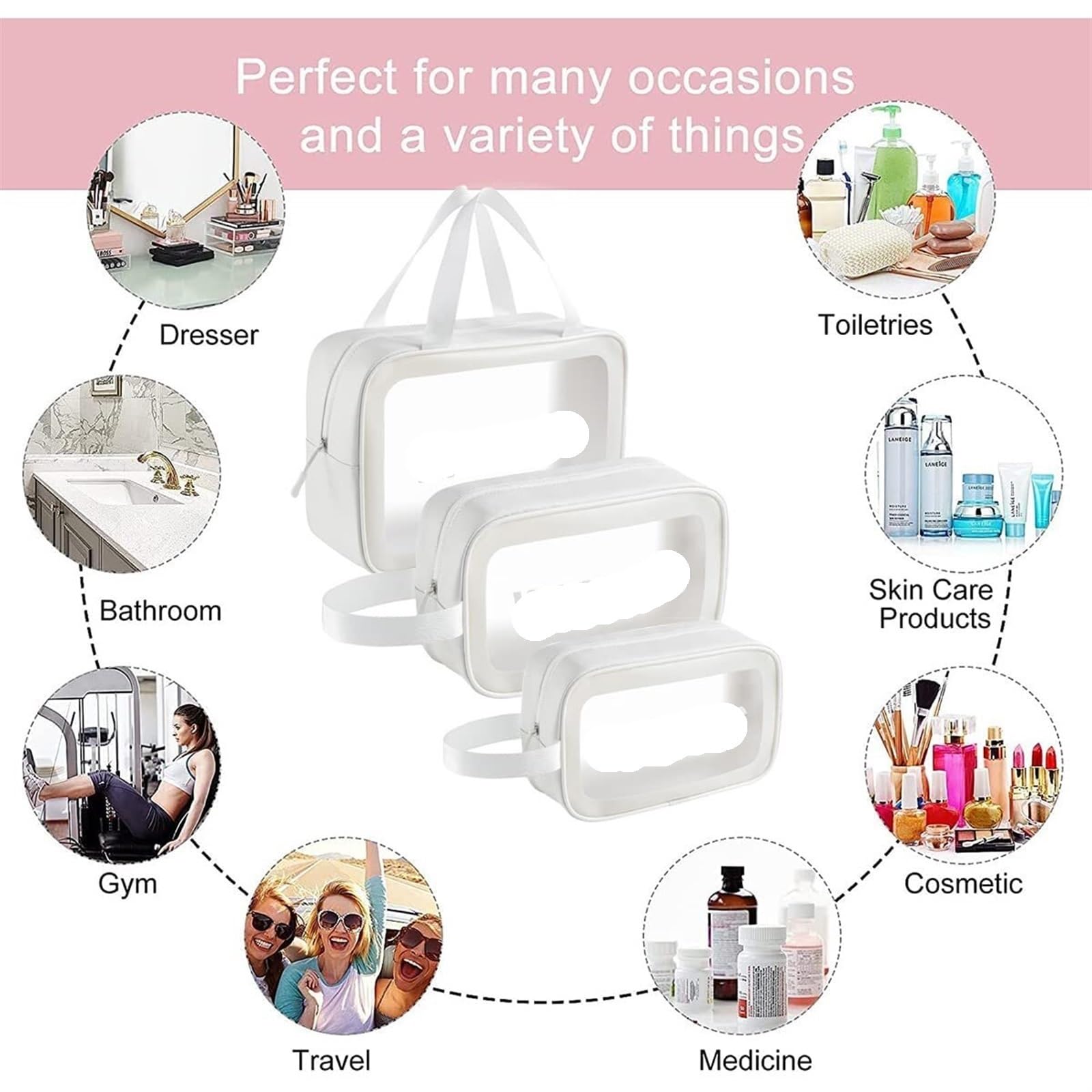 Porta Trucchi Pochette Trucchi Borsa da Toilette da Viaggio Trasparente Borsa for Cosmetici Borsa da Toilette da Viaggio Trasparente da Donna Trousse Trucchi Donna(White,30cm)