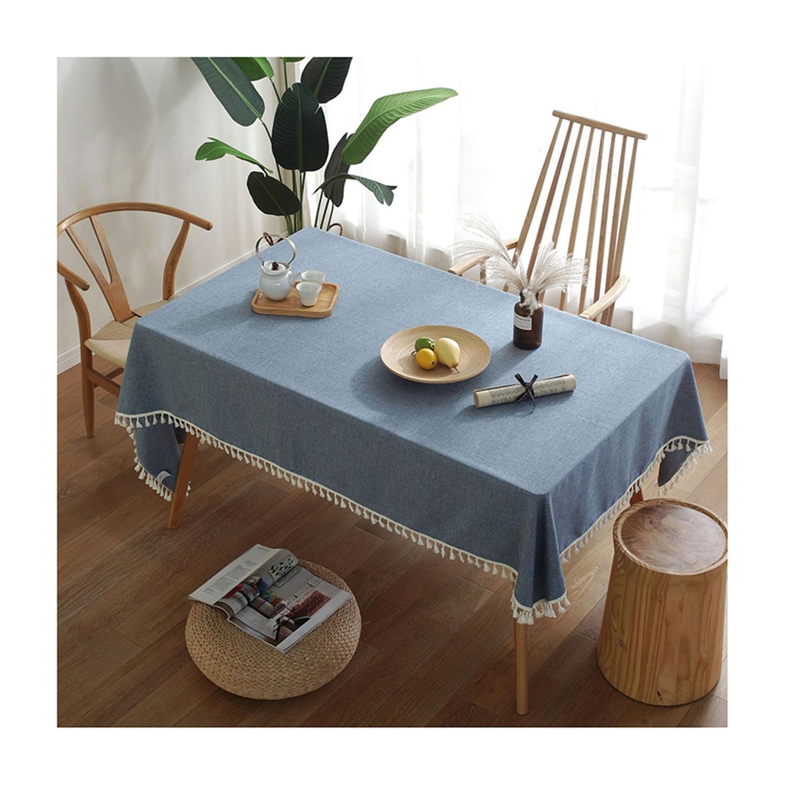 Nappe anti-taches KnSam 120x160 polyester bleu unie franges rectangulaire