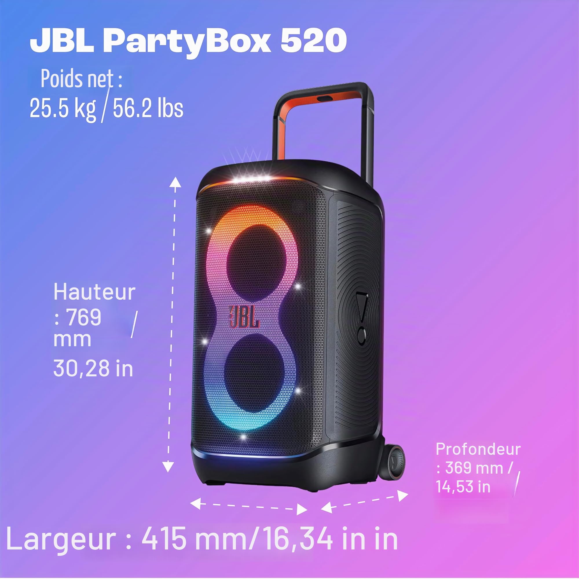 JBL PartyBox 520 Enceinte Portable pour fête alimentée par Batterie avec Renfort de Son AI, jusqu'à 15 Heures de Temps de Lecture, Anti-éclaboussures IPX4, Connexion Multi-radiateur