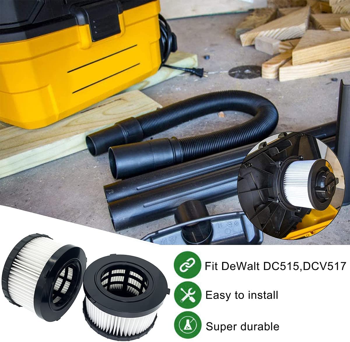 HEPA Filter Replacement For DEWALT DC515 DCV517 Wet Dry Vac - 2 Pack Washable Vacuum Filters