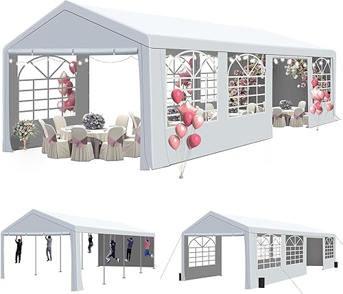 Miniatura 10 de GARTOO Tienda de campaña y cochera de 13 x 20 pies, cenador de boda resistente al aire libre con 4 bolsas de arena, toldo de refugio para eventos al