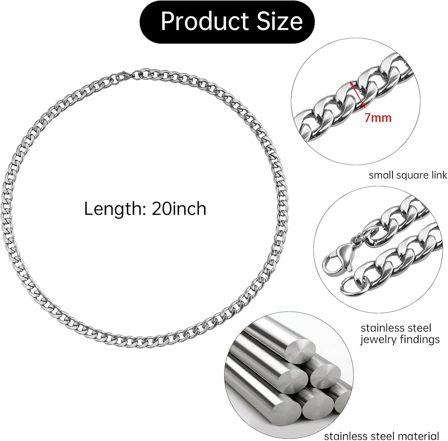 10PCS 20inch Stainless Steel Chain Necklace for Jewelry Making Strong Curb Cuban Necklaces Bulk for Jewelry DIY