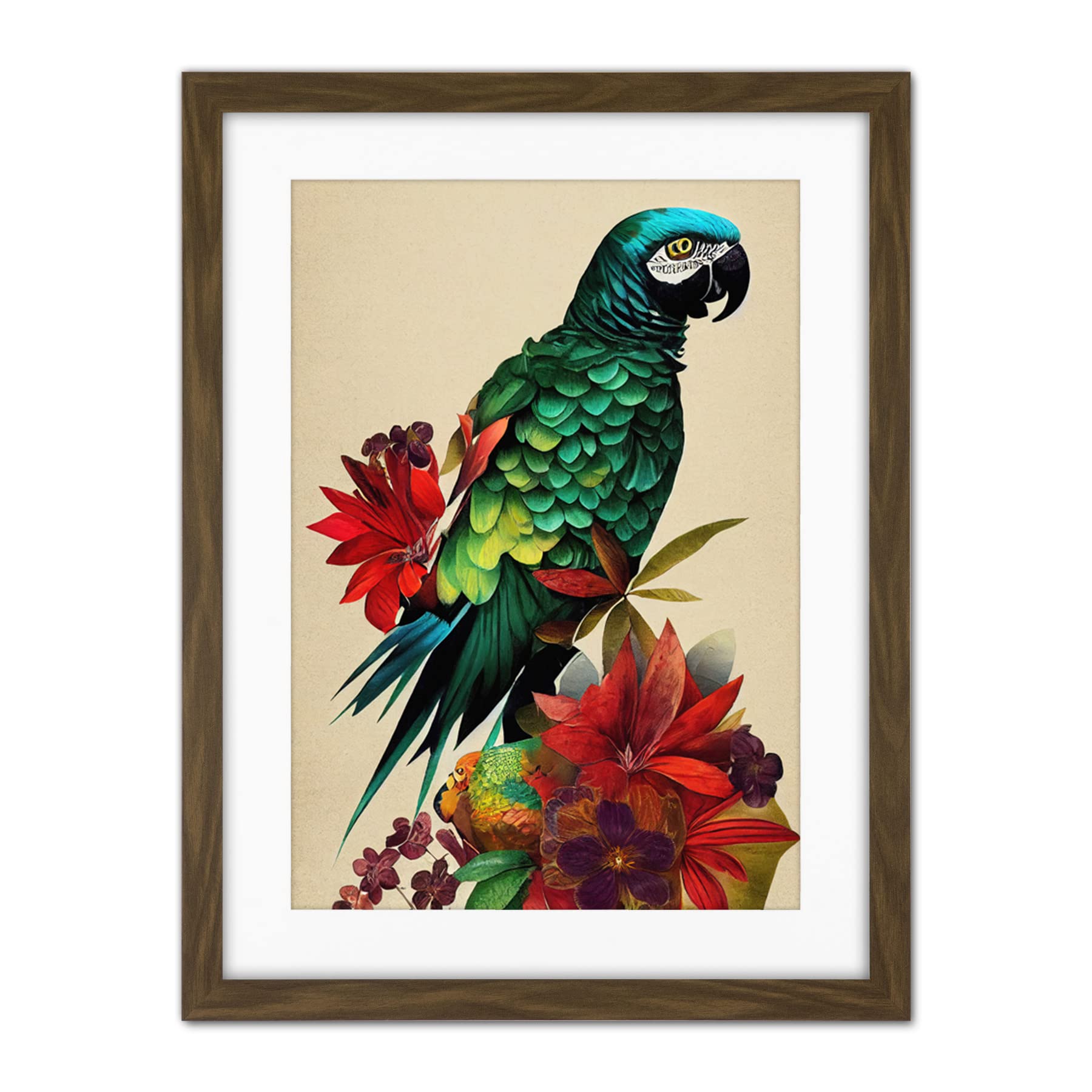 Doppelganger33 LTD Exotic Flowers And Feathers Macaw Parrot And Jungle Blooms Artwork Framed Wall Art Print 18X24 Inch