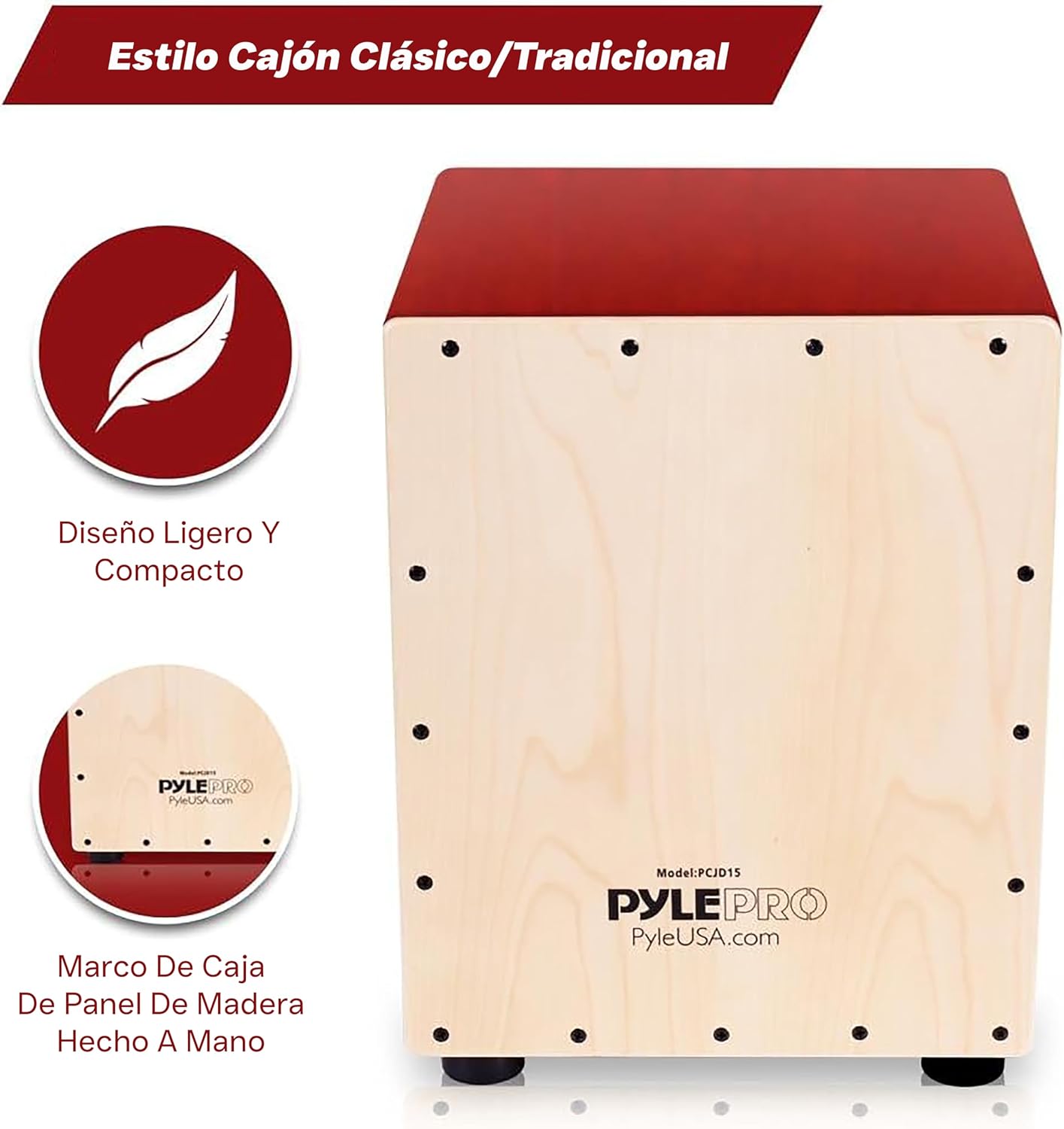 Pyle Snare Style Birch Wood Compact Acoustic Jam Cajon - Wooden Hand Drum Percussion Beat Box with Internal Snares, Deep Bass, Classic Slap, and Crackle Sound - For Kids, Teens, and Adults - PCJD25.