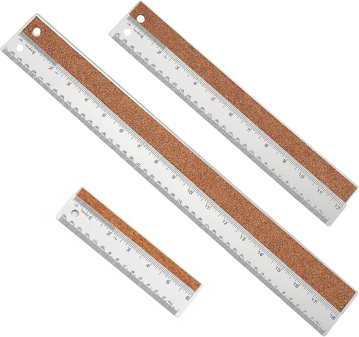 Metal Ruler 6+12+18 Inch Stainless Steel Ruler with Cork Backing | Non-Slip with Inch and Centimeters, Straight Edge Rulers for Student School Office Drafting Tools