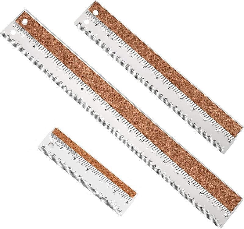 Metal Ruler 6+12+18 Inch Stainless Steel Ruler with Cork Backing | Non-Slip with Inch and Centimeters, Straight Edge Rulers for Student School Office Drafting Tools