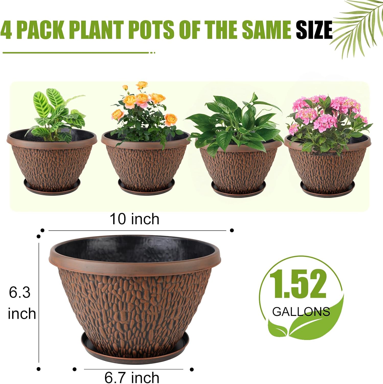 Nooulap 4 Pack Flower Pots Outdoor, 10 Inch Plant Pot with Drainage Hole & Tray, Thickened Plastic Planters for Indoor Outdoor Plants, Lightweight Brown Decorative Garden Pot with Saucer