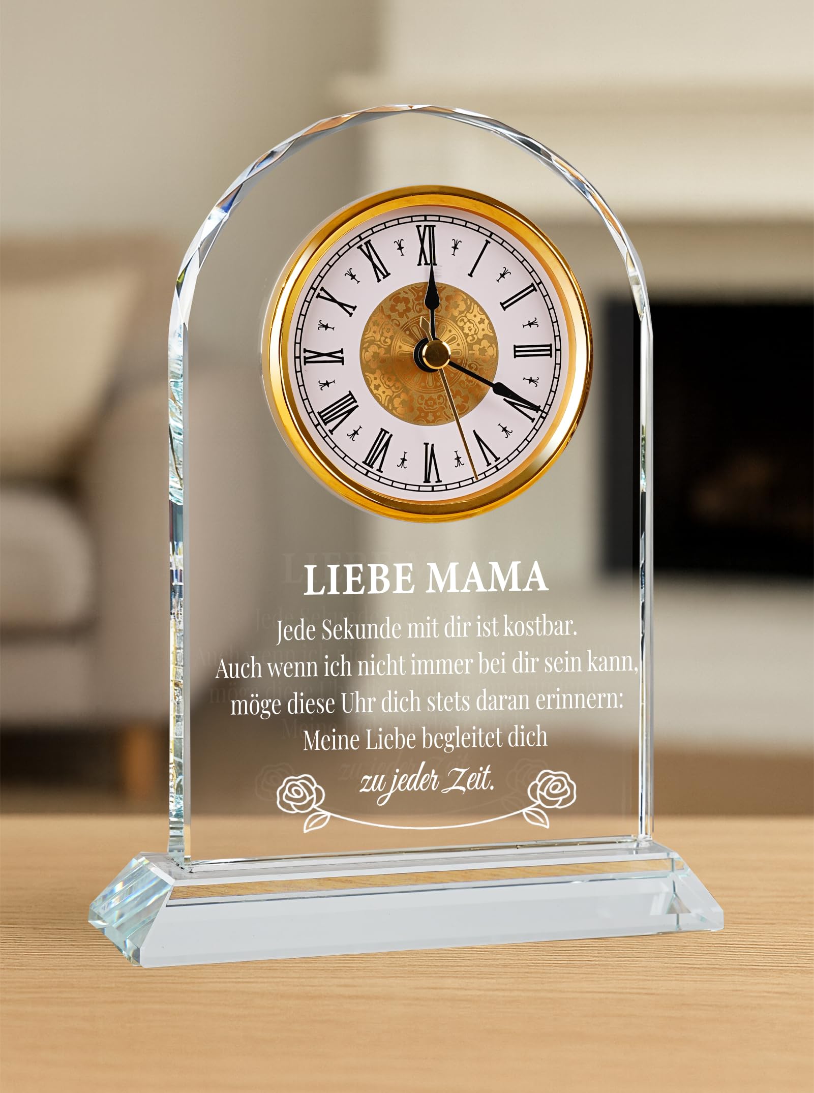 Geschenk für Mama zum Geburtstag & Muttertag – Edle Glasuhr mit Spruch von Tochter & Sohn – Besondere Geschenkideen für Frauen – Dekorative Tischuhr in Geschenkbox