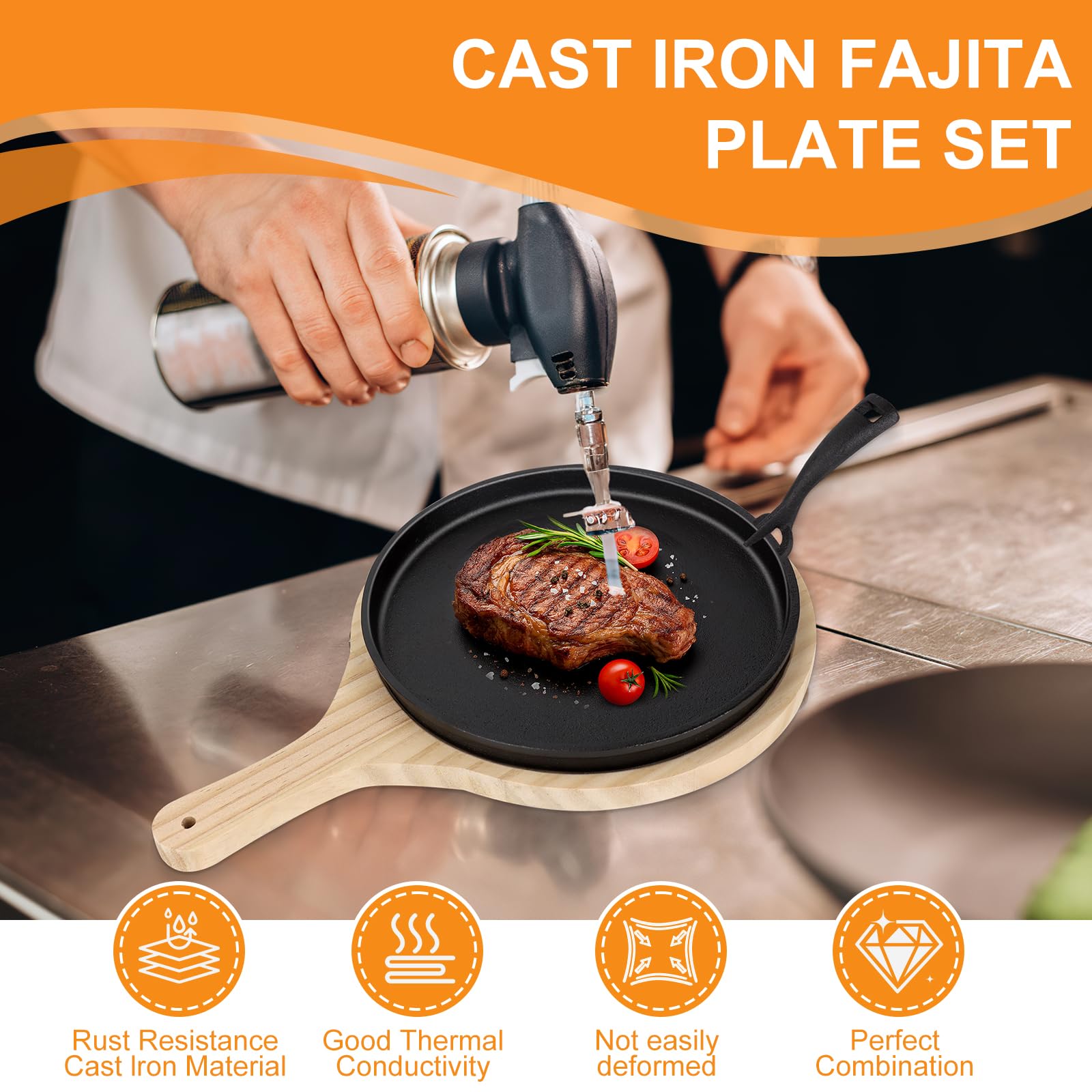 Lot de 2 poêles en fonte Fajita avec dessous de plat en bois - Protection anti-brûlure - Rondes - En fonte - Antiadhésives - Pour cuisine, restaurant, barbecue, intérieur et extérieur