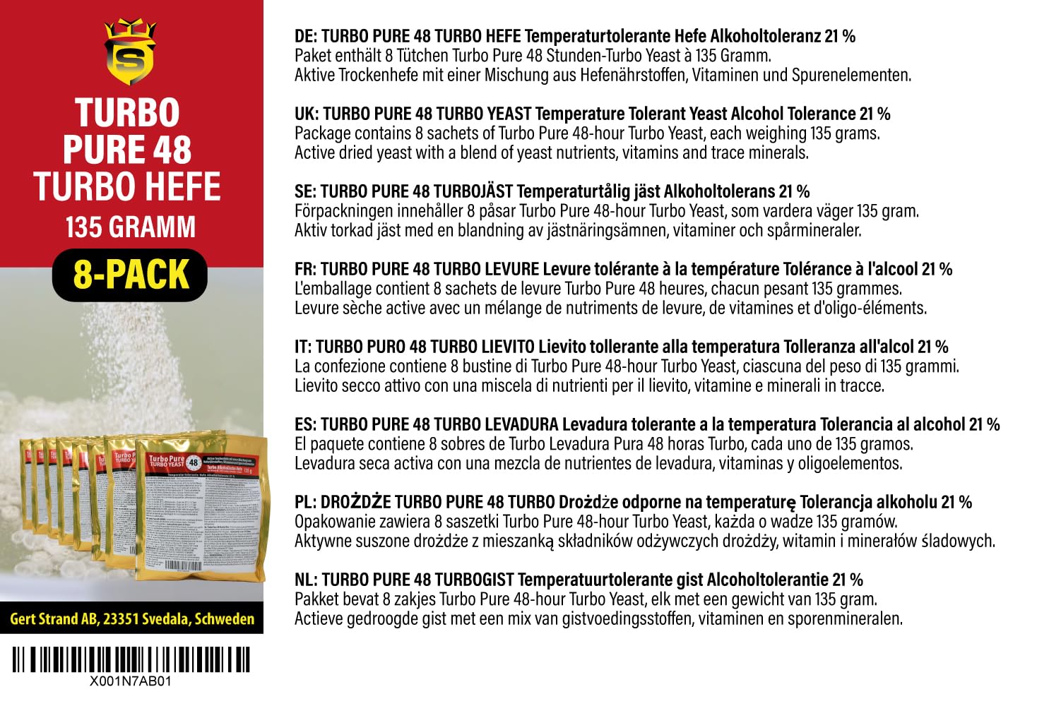 Prestige 48 h Turbo Pure Alkoholhefe 18%, 8er-Pack | edle Turbohefe | Gärhefe | Allzweckhefe für Heimbrauerei | Brauereihefe | Herstellung von hochprozentigem Alkohol